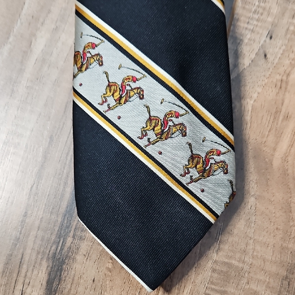 John Frederics Vintage Equestrian Themed Black and Gold Men's Tie